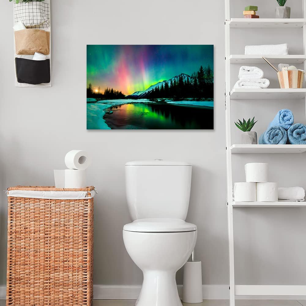 Aurora Borealis Canvas Wall Art Northern Lights Canvas Print Painting for Living Room Snowy-Mountains-Landscape Poster Picture Wooden Framed Prints Ready to Hang(12.00"x16.00")