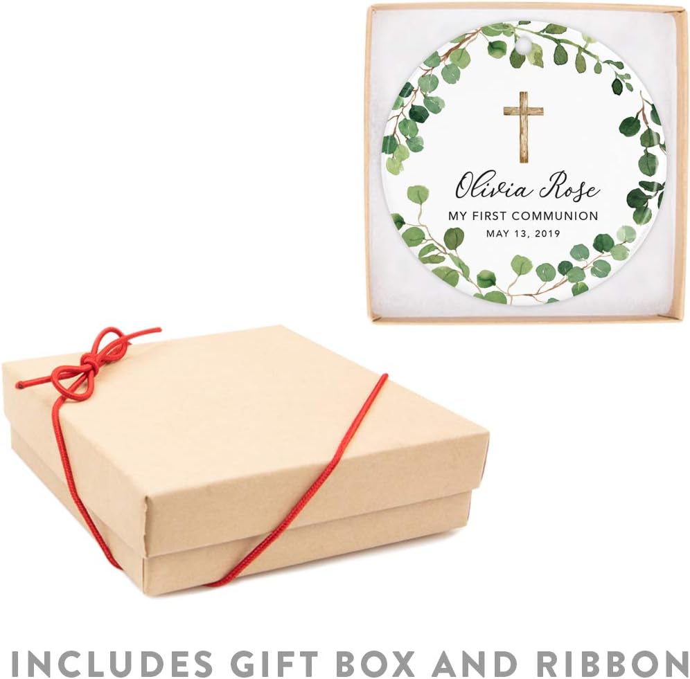 Andaz Press Personalized First Communion Ornament for Girls Boys, Round Ceramic Porcelain First Communion Christmas Ornament, Custom Name Date, My First Communion 2025, Farmhouse Eucalyptus Wreath