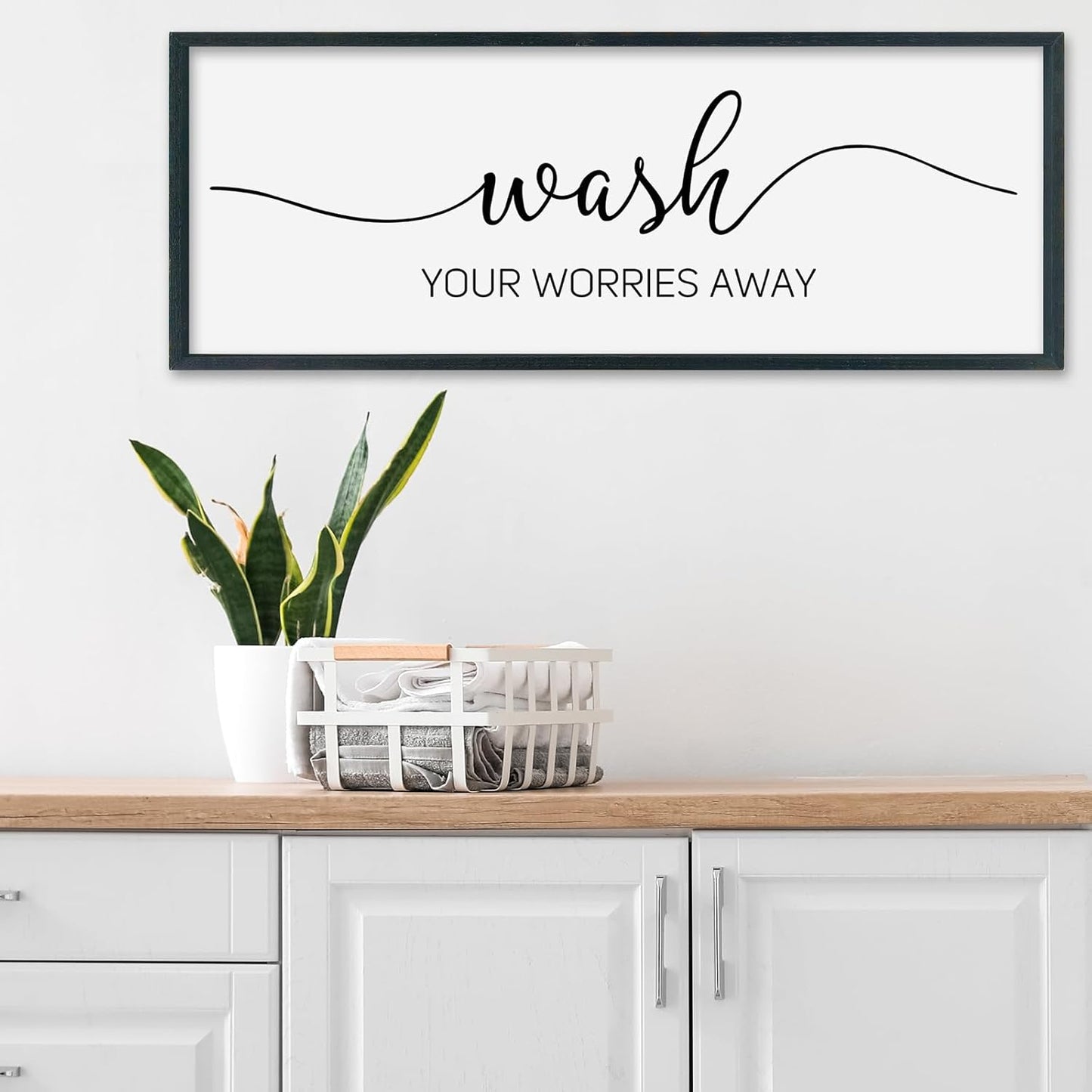 SRSZHIYUE Wash Your Worries Away Bathroom Sign Wall Art 40"x15" Funny Restroom Toilet Large Wood Framed Hanging Decor (Black)
