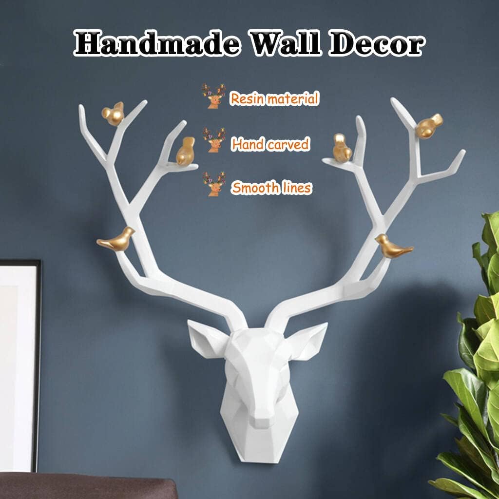Deer Head Wall Decor Geometric Rustic Wall Mounted Deer Head, Faux Taxidermy Animal Head Wall Art Pendant, Handmade Resin Head Sculptures for Porch, Detachable Antlers, 6 Styles(White,20.1x20.4IN)