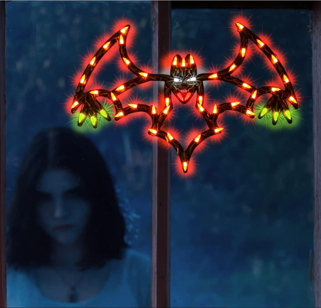 13.3" Lighted Bat Halloween Window Silhouette Decoration,Halloween Lighted Window Decoration,Hanging Light Up Holiday Ornament (Bat Light)
