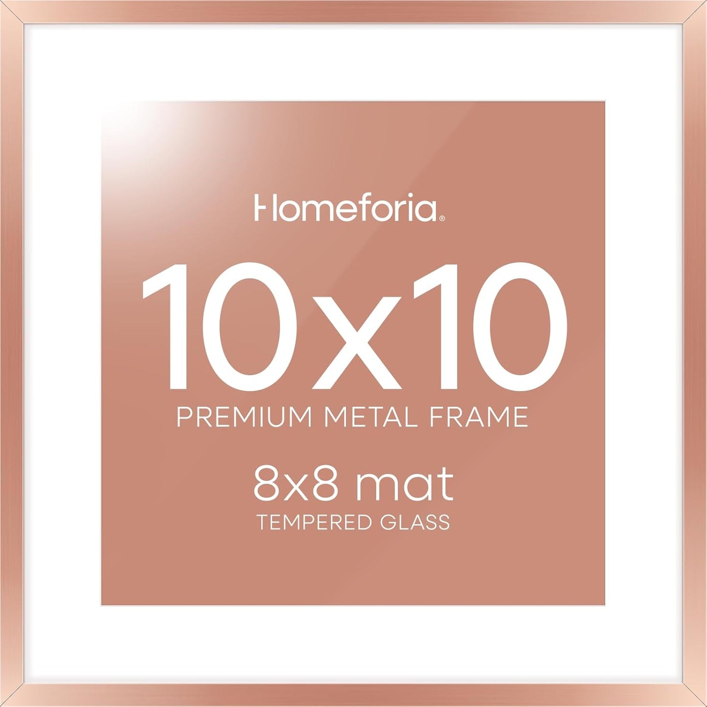 Homeforia 10x10 Picture Frame Rose Gold, High End Metal 10 by 10 Square Frames with Mat 8 x 8 Photo, 10by10 Poster Frame Matted to 8x8 Print, Wall or Tabletop Frame, Tempered Glass, Wall Kit, Set of 1