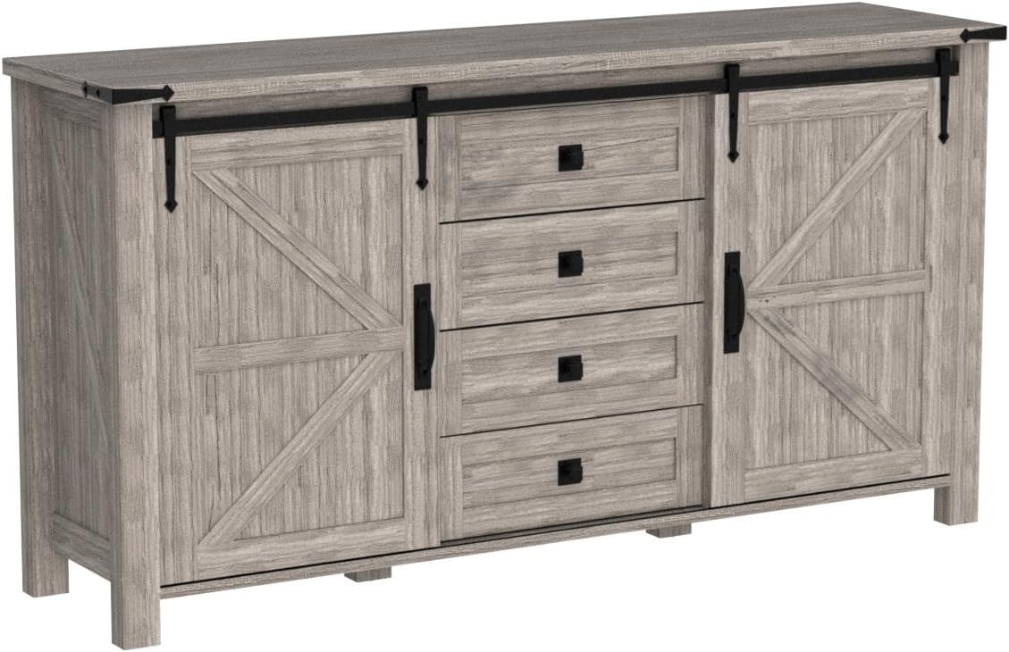 T4TREAM 60'' Farmhouse Dresser Chests for Bedroom w/4 Drawers & Sliding Barn Doors, Tall Chest of Drawers, Rustic Dresser TV Stand,Organizer for Bedroom, Living Room, Light Rustic Oak