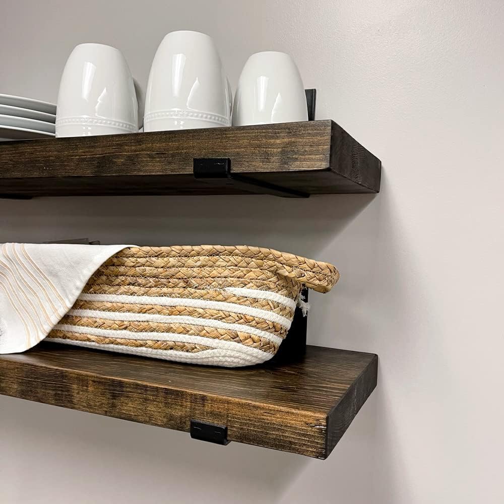 Rustic Shelves with J-Brackets Set of 2, Industrial Shelf, Kitchen Shelves, Solid Wood, Decorative Wall Storage, Heavy Duty, URBANDI (Dark Brown, 48Wx12D)
