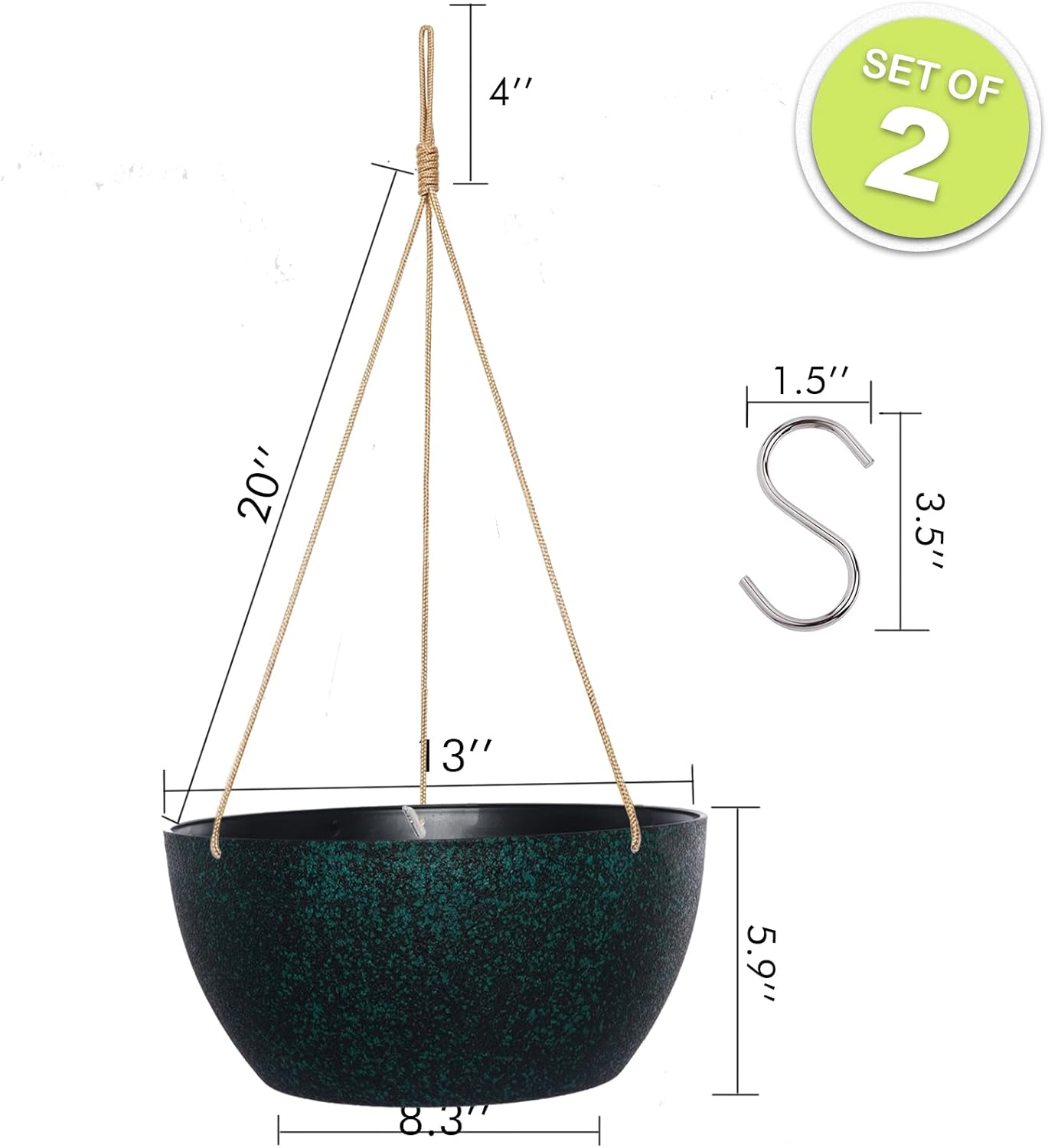 13 Inch 2 Pack Large Hanging Planters for Indoor Outdoor Plants, Plastic Hanging Basket Pots for House Plants Flowers, Black Speckles