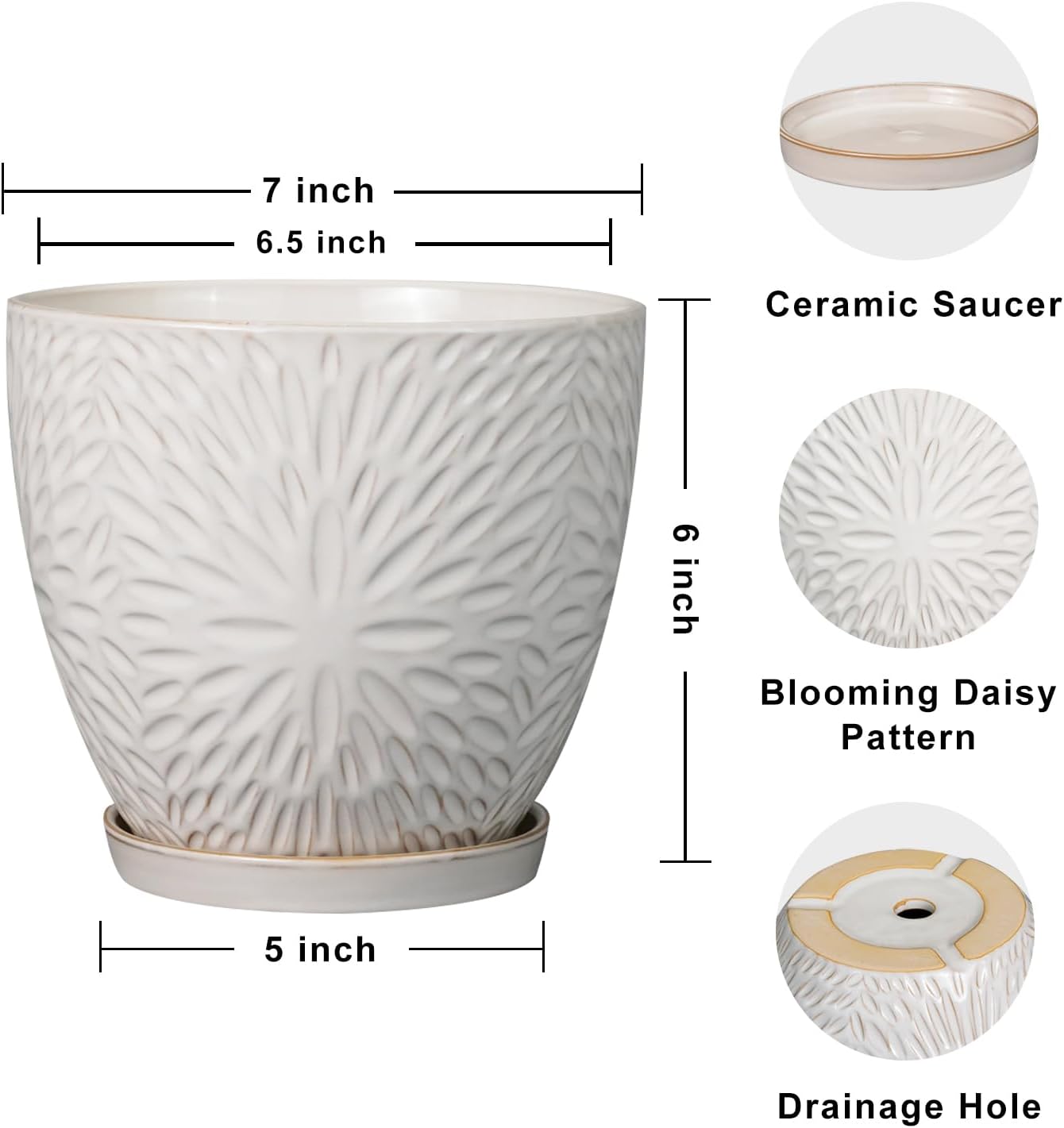 G EPGardening 6 Inch Plant Pot for Indoor Plants Outdoor Round Ceramic Planter Decorative Flower Pot with Drainage Hole and Saucer White