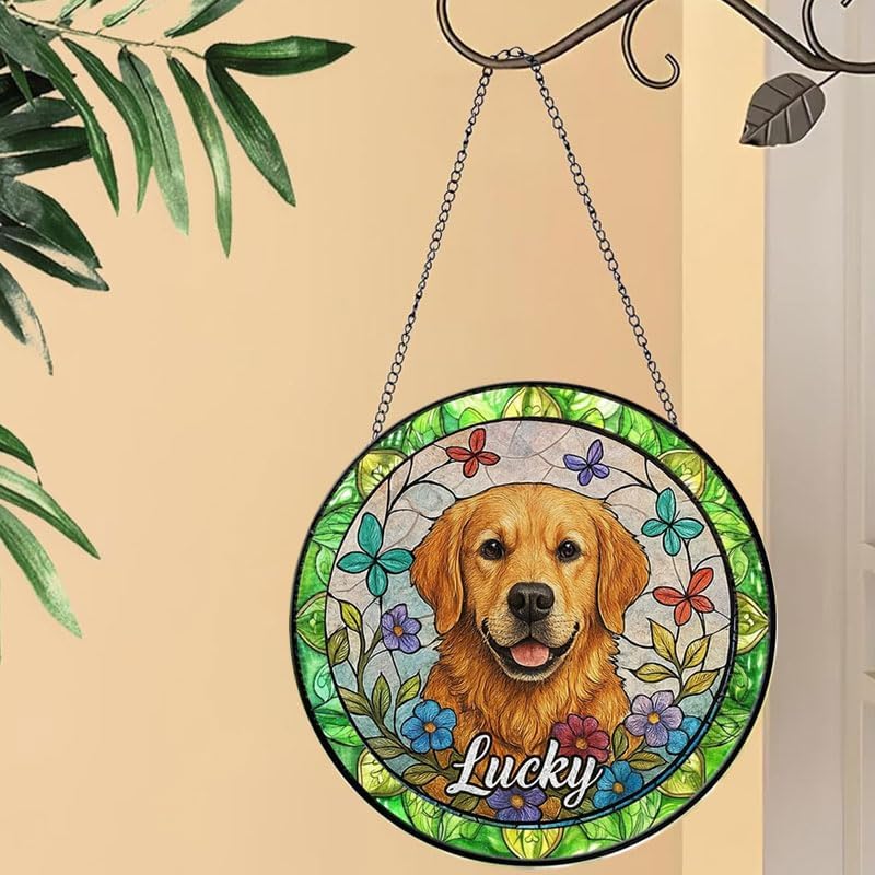 Custom Dog Suncatcher with Pet Name, Personalized Stained Glass Window Hanging Art, Unique Memorial Gift for Dog Lovers, Pet Remembrance Keepsake, Decorative Home Window Ornament