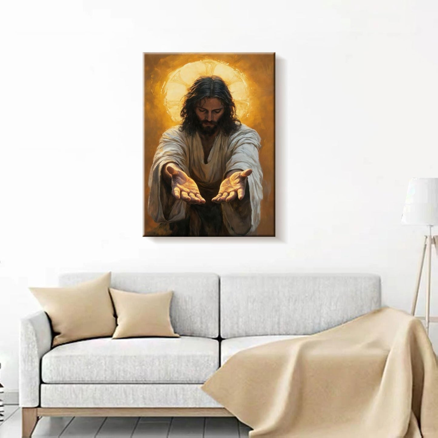 Framed Jesus Canvas Wall Art Painting with Gold Halo Christian Religious Poster Inspirational Christian Gallery Decor Painting Home Church Prayer Room Wall Hanging Print 12x16 Inch Ready to Hang