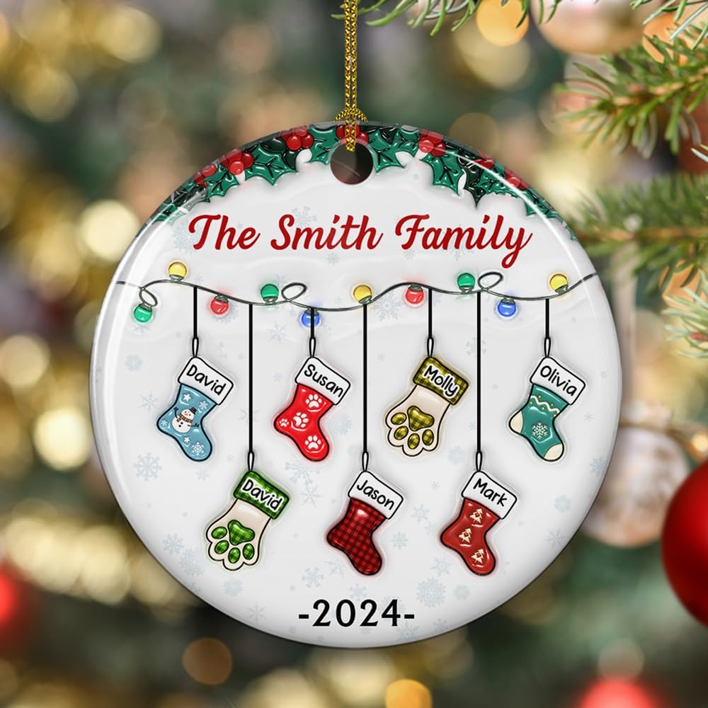 Stocking Personalized Family Christmas Ceramic Ornament 2025-3D Inflated Effect Custom Name Hanging Stock up to 10 Members, First Xmas as A Family Ornament Gifts (A04, 10 Names)