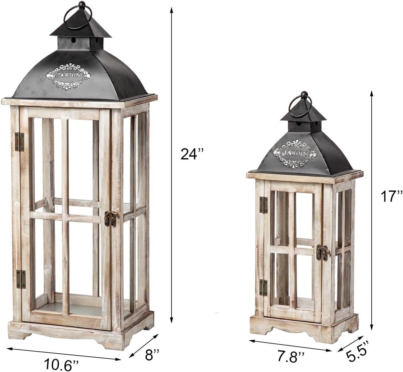 Set of 2 Large Decorative Wooden Metal Lanterns, Farmhouse Rustic Floor Candle Lanterns, Indoor/Outdoor Hanging Lanterns for Home Decor (No Glass)