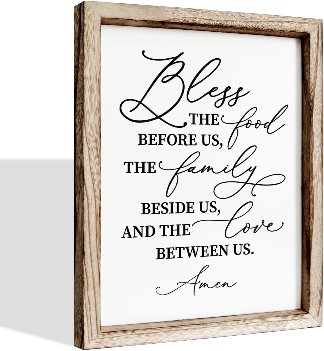 Christian Wooden Wall Sign, Dining Room Decors, Farmhouse Decor for Kitchen, Rustic Home Decor, Framed Wall Plaque Sign 15 * 11.5 inches, Bless the Food Before Us