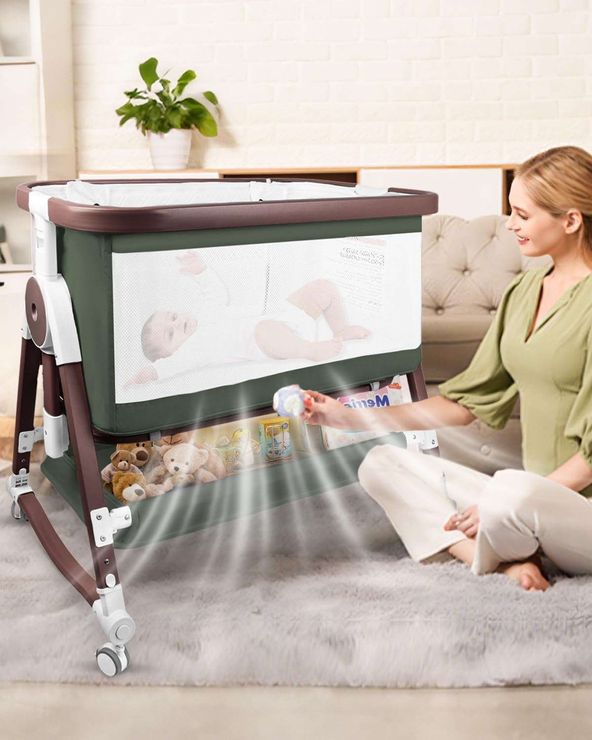 4 in 1 Baby Bassinet, Bassinets Bedside Sleeper with Wheels and Storage Basket, Adjustable 7 Heights Bedside Sleeper with Mosquito Net, Breathable Mesh Rocking Bassinet for Baby