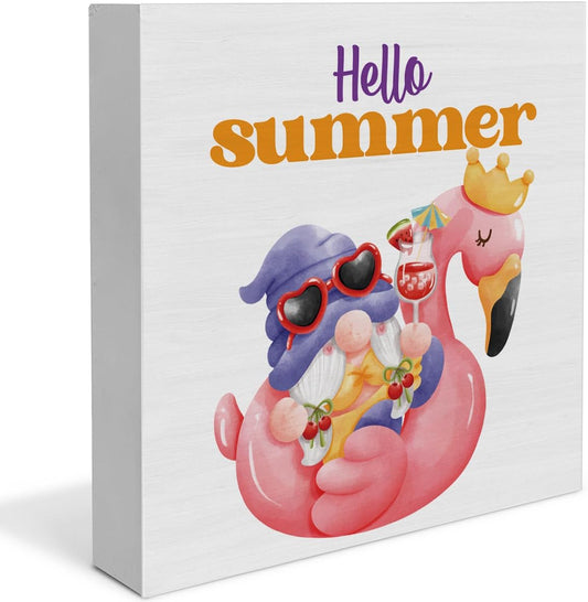 Hello Summer Decor Flamingo Decorations Summer Gnome Wooden Sign Rustic Home Decor 5 x 5 Inches