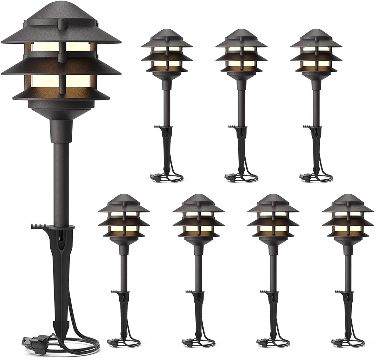 GOODSMANN Landscape Lighting 8PK Pathway Lights Low Voltage 2.2 Watt LED 12V AC Landscape Lights 30 Lumen Warm White with Cable Connectors Metal Stakes 9122-21102-08A