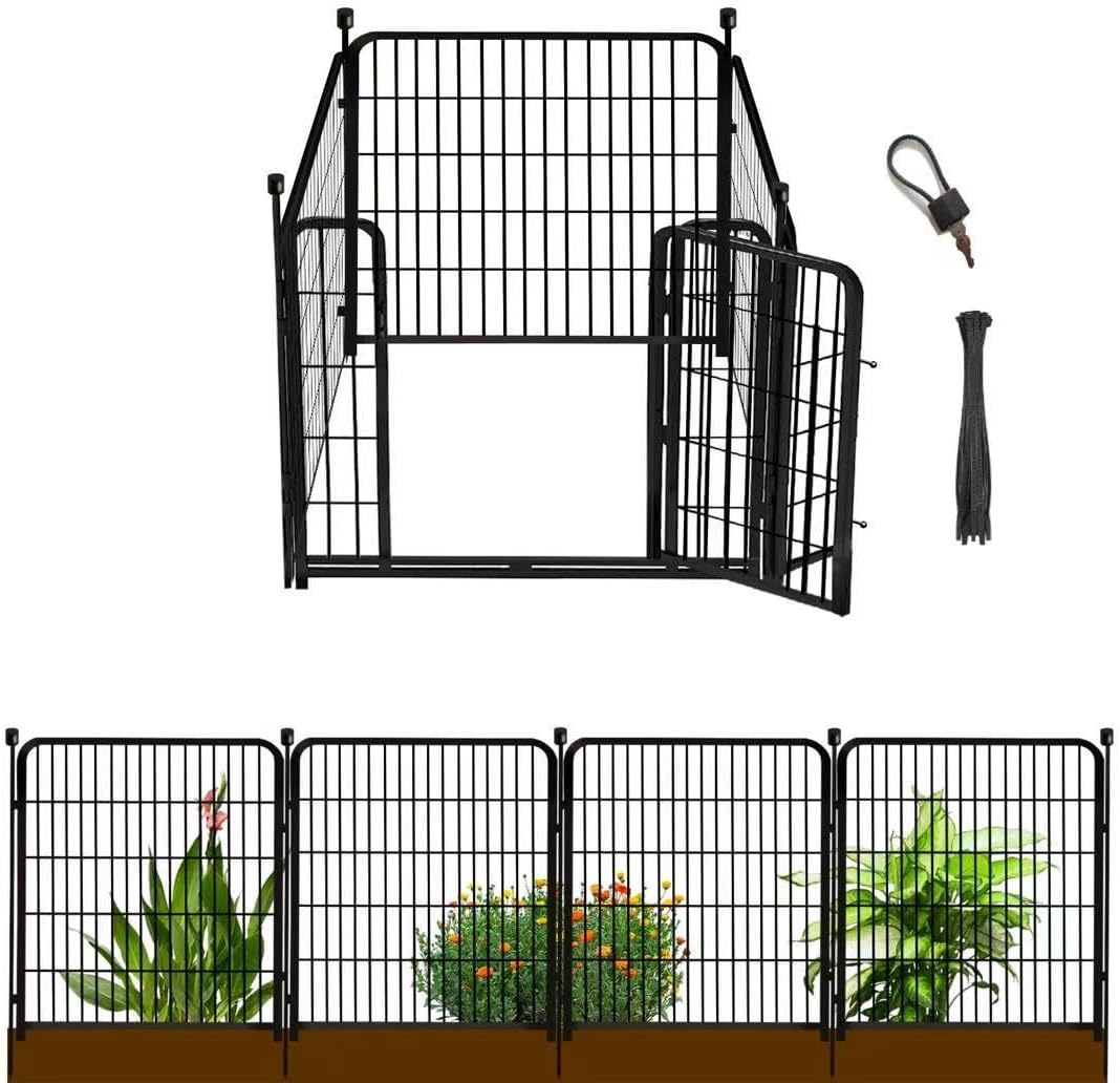 Garden Fence with Gate 32 in(H)×27 in(L) 4 Panels,Fence Blocker for Dogs, Heavy Duty Iron Animal Barrier Fence,Suitable for Indoor Pet Or Outdoor Dog Fencing, Total 8.9 Ft(L), Black