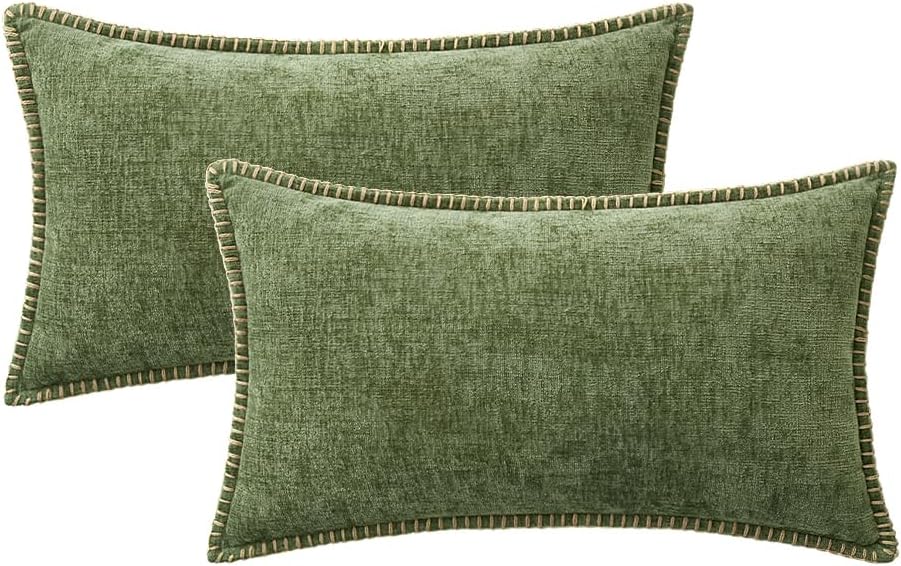 MIULEE Pack of 2 Couch Throw Pillow Covers 12x20 Inch Sage Green Farmhouse Decorative Pillow Covers with Stitched Edge Soft Chenille Solid Dyed Spring Pillow Covers for Sofa Bed Living Room
