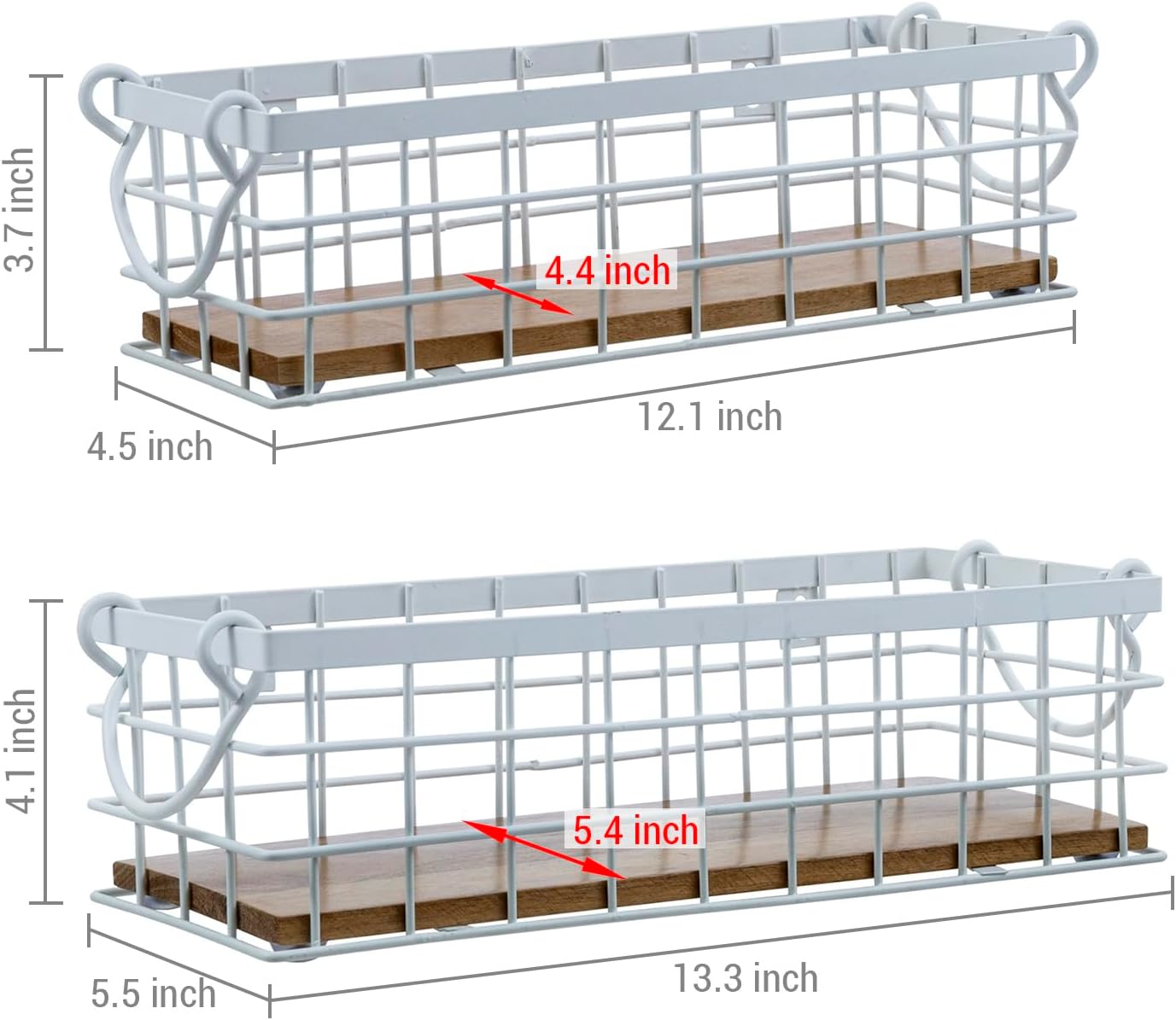 MyGift 13 and 12 Inch Nesting Storage Baskets with Handles, Wall Mounted or Tabletop White Metal Wire and Premium Acacia Wood Decorative Shelf Organizer Bins, 2 Piece Set