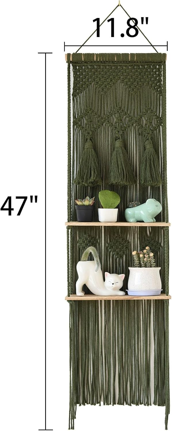 Hanging Shelf Macrame Wall Hanging Green Boho Shelfs with Tassels 2 Tier Floating for Plants Bedroom Dorm Living Room Wall Decor Rustic Wooden Organizer(Wood)