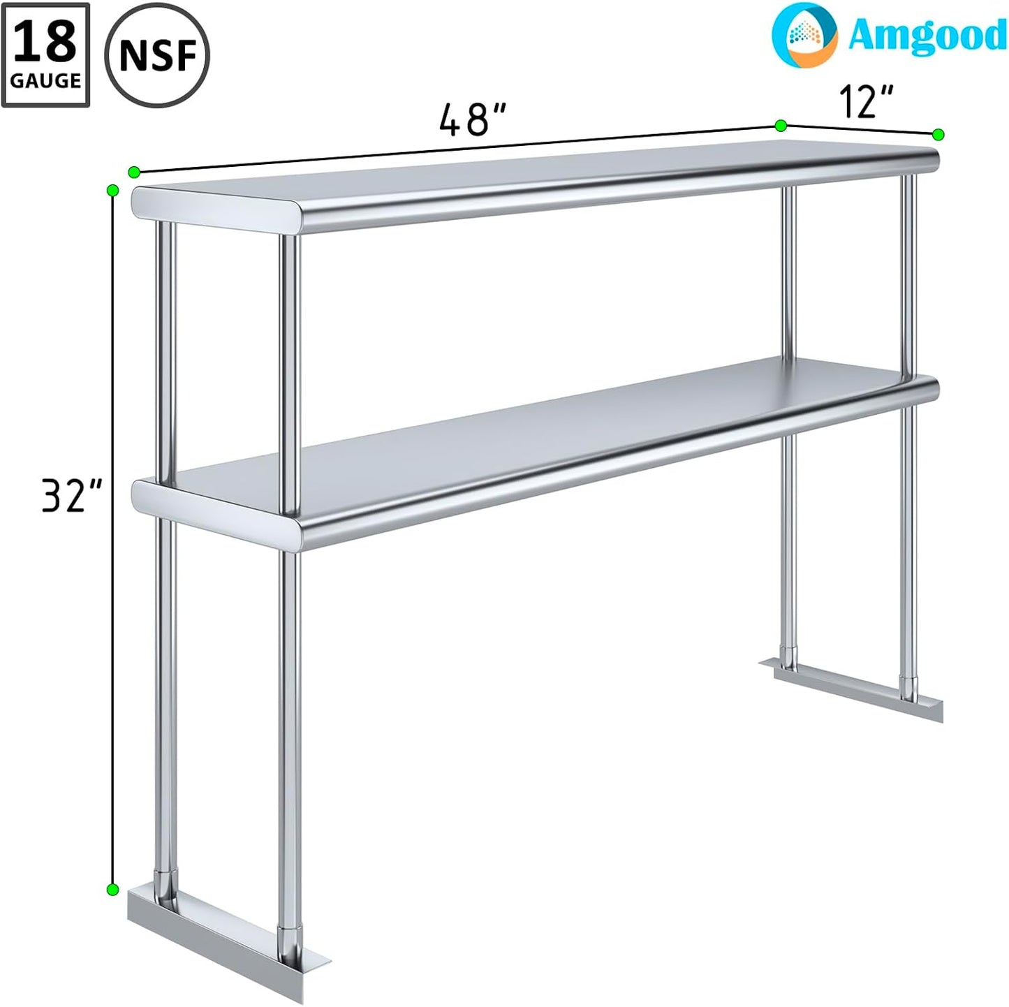AmGood Double OverShelf Stainless Steel NSF - Many (48" Long x 12" Deep)