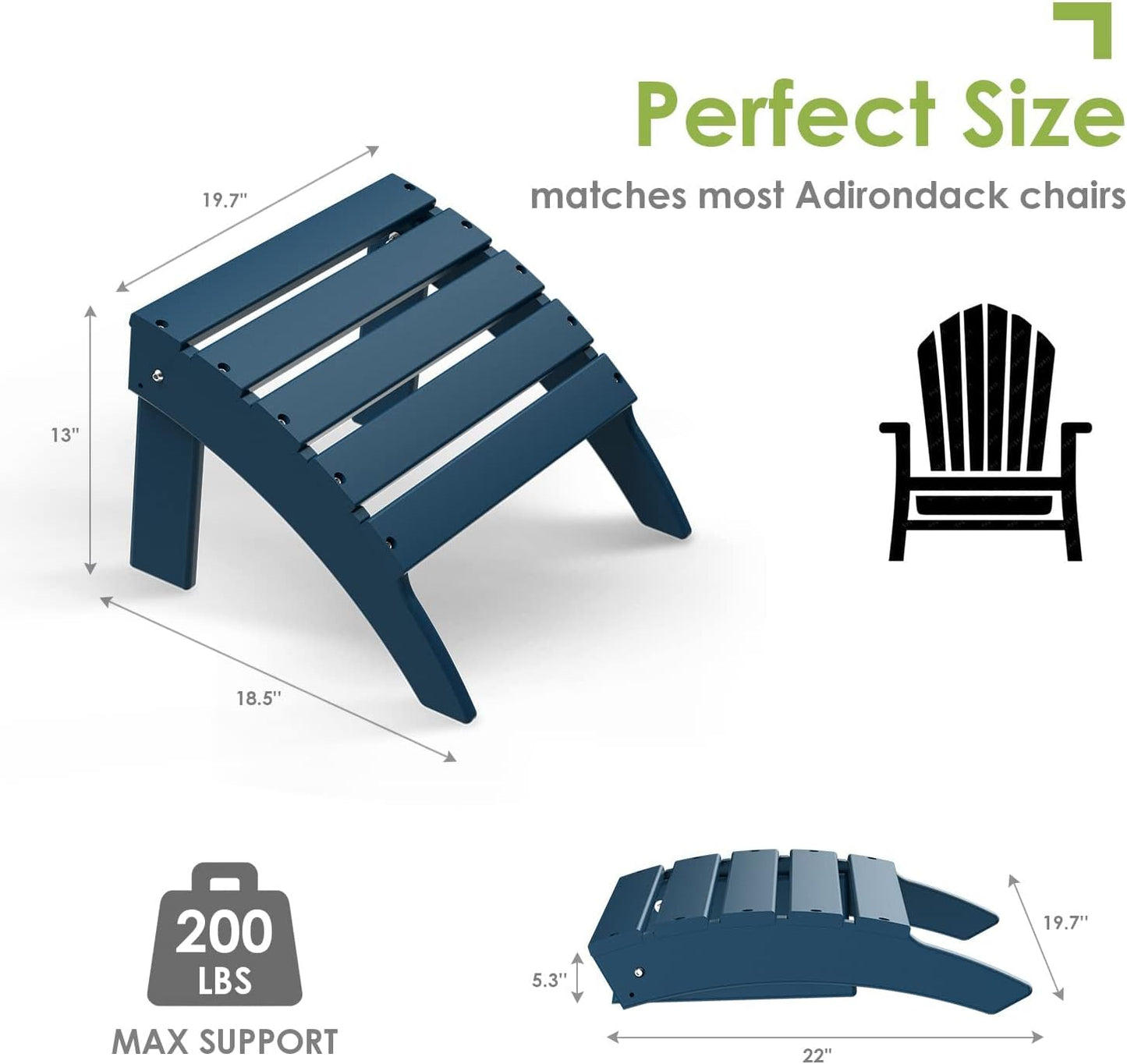 GREENVINES Adirondack-Ottoman | HDPE Plastic | Outdoor Footrest | All Weather | Foot Rest | Foot Stool | Blue | for Adirondack Chair | for Patio Backyard Pool