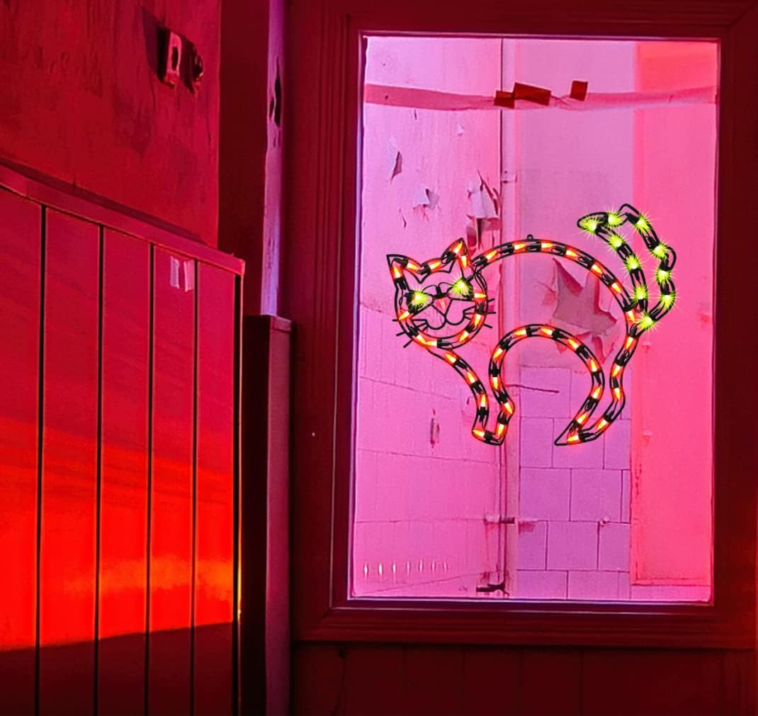 17" Lighted CAT Halloween Window Silhouette Decoration,Halloween Lighted Window Decoration,Hanging Light Up Holiday Ornament,Cat Light