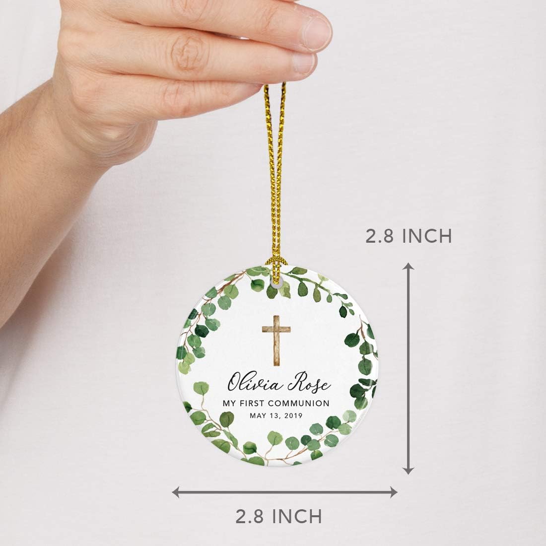 Andaz Press Personalized First Communion Ornament for Girls Boys, Round Ceramic Porcelain First Communion Christmas Ornament, Custom Name Date, My First Communion 2025, Farmhouse Eucalyptus Wreath