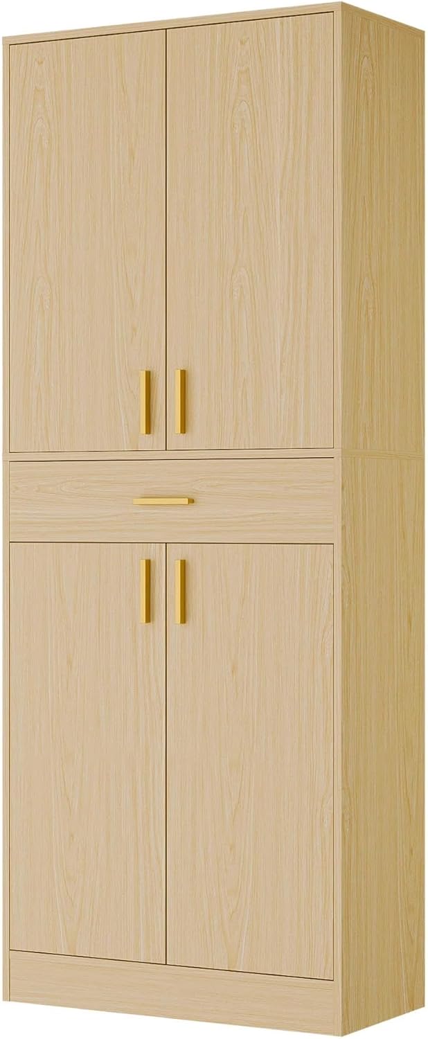 Cozy Castle Pantry Cabinet, 71" Tall Kitchen Storage Cabinet with Doors and Shelves, Freestanding Wood Cupboard Utility Hutch with Drawer for Dining Room Living Room Bathroom Furniture, Oak
