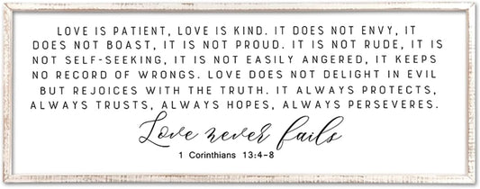 Love is Patient Kind Sign Wall Art 40"X15" 1 Corinthians 13 Bible Verse for Bedroom Above Over Bed Christianity Large Wood Framed Wall Hanging Decor (White）