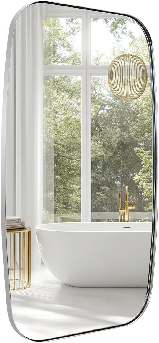 ANDY STAR Chrome Oblong Mirror, 30x48 Inch Polished Chrome Oval Mirror for Bathroom with Stainless Steel Metal Frame, Wall Mouned for Bathroom, Living Room, Entryway