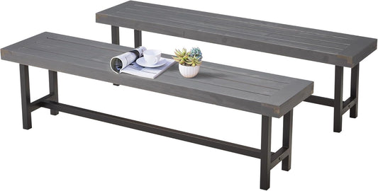 AVAWING Outdoor Wood Benches Set of 2, 63" Patio Wooden Picnic Bench for 6 Persons, Rectangular Bench for Porch, Balcony and Deck,Grey