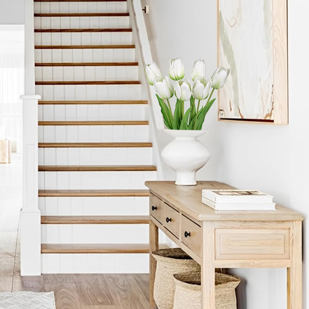 Artificial Tulips Flowers – 24" Long Stem Faux Tulips, 7PCS Real Touch Fake White Tulip for Vase, Farmhouse, Kitchen, Spring & Wedding Home Decor