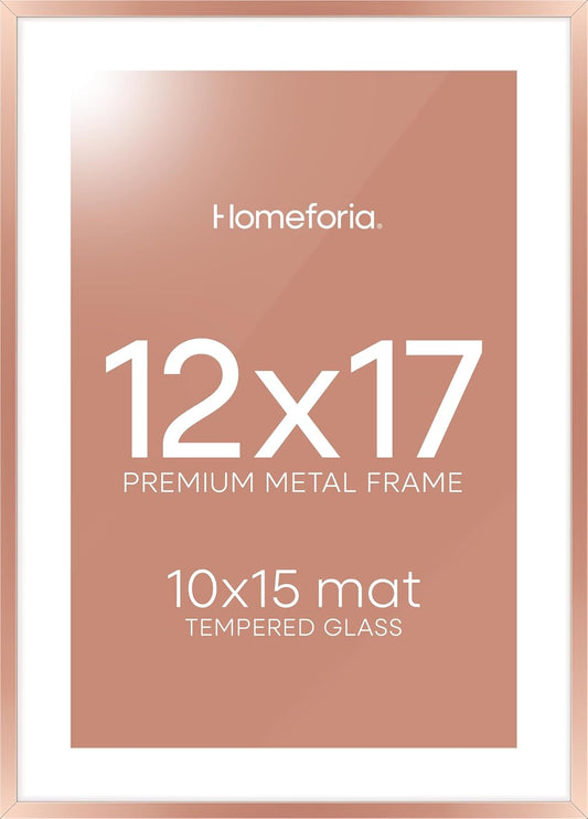 Homeforia 12x17 Picture Frame Rose Gold, High End Metal 12x17 Poster Frames with Mat 10x15 Photo, 12 x 17 Rose Gold Frame Matted to 10 by 15 Print, 17x12 Thin Frame, Tempered Glass, Wall Kit, Set of 1