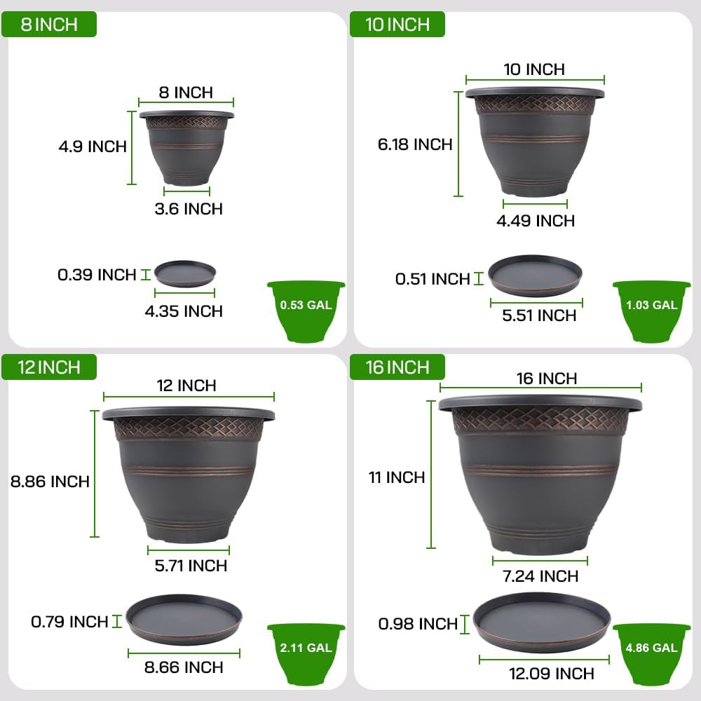 10 Inch 4 Pack Large Plant Pots, Plastic Flower Pot for Indoor & Outdoor with Drainage Holes & Saucer, Plaid Pattern Planters Garden Pots for Herbs