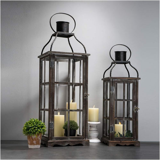 Glitzhome Farmhouse Oversized Wood Metal Lanterns Decorative Hanging Candle Lanterns Set of 2, Black (No Glass)