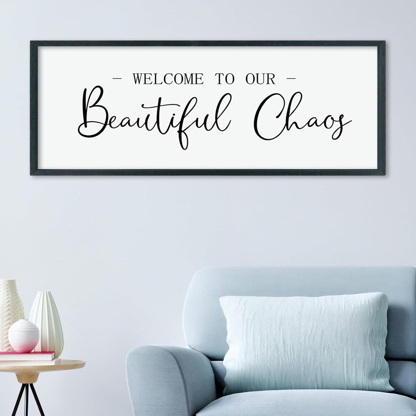 LuZhiQiang Welcome To Our Beautiful Chaos Sign Wall Decor 40"×15" for Home Living Room Entryway Bedroom Large Wood Framed Wall Hanging Art (Black)