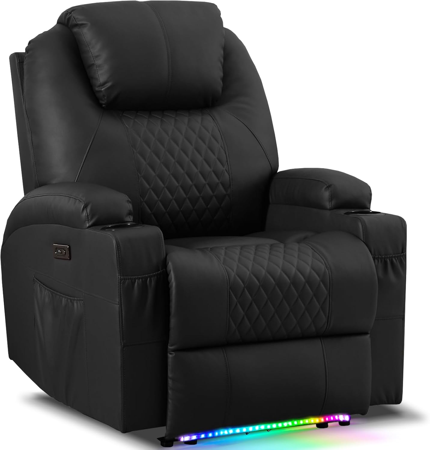 AHMED Power Recliner Chair with Vibration Massage & Heat for Adults, Faux Leather Home Theater Seating with Cup Holders/LED Lights/USB Ports/Side Pockets for Living Room, Black