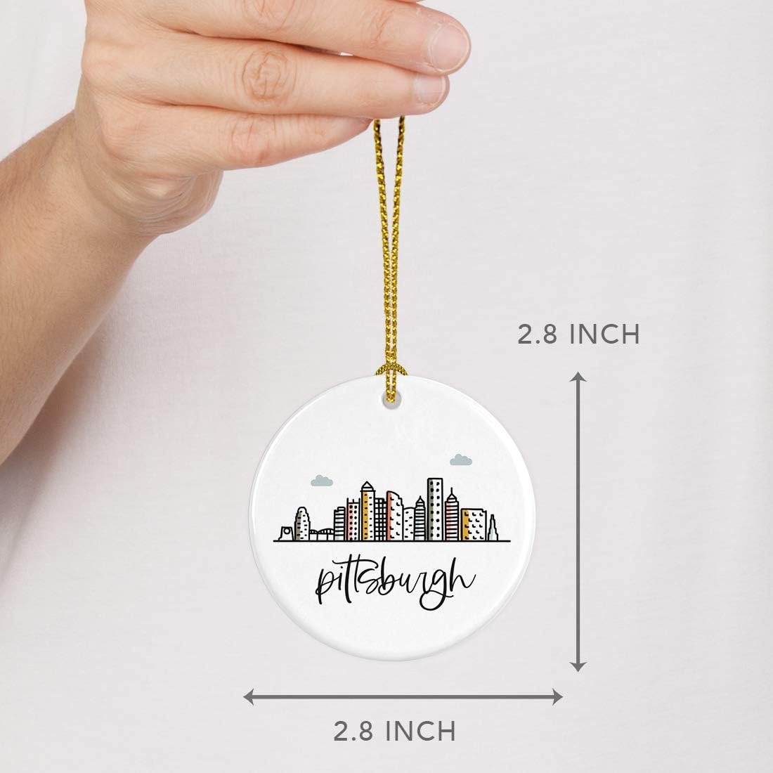 Andaz Press Round Ceramic Porcelain Christmas Tree Ornament Keepsake, Pittsburgh Colorful City Skyline Graphic, 1-Pack, Birthday Gift for Family Coworker Him Her, Includes Gift Box