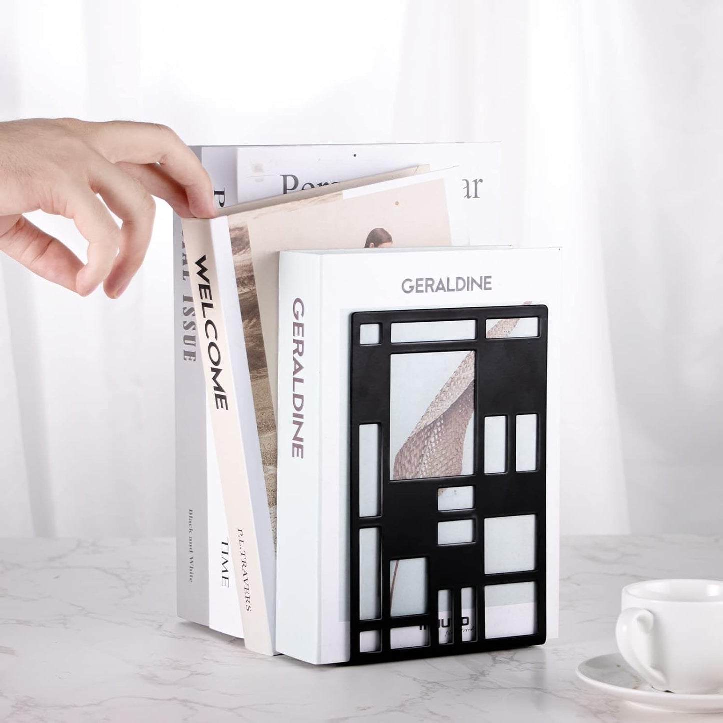 Book Ends, Bookends, Book Ends for Shelves, Bookends for Heavy Books, Book Divider Decorative Holder, Metal Heavy Duty Bookend Black 3 Pair, Abstract Art Desgin Book Stopper Supports for Office, Home