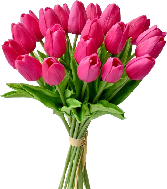 Mandy's Artificial Tulips 20 Stems Hot Pink PU Faux Flowers for Wedding Home Decor 13.5 Inch