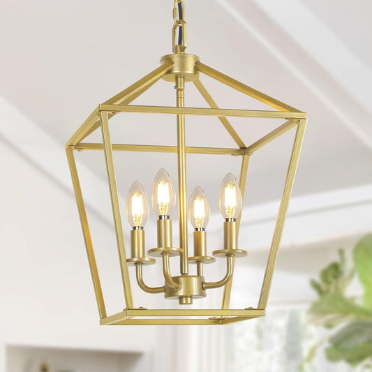 4 Light Gold Chandelier, Industrial Ceiling Light Lantern Light Fixtures with Farmhouse Metal Cage Adjustable Height Rustic Geometric Hanging Light E12 Base for Kitchen Island, Entryway, Indoor