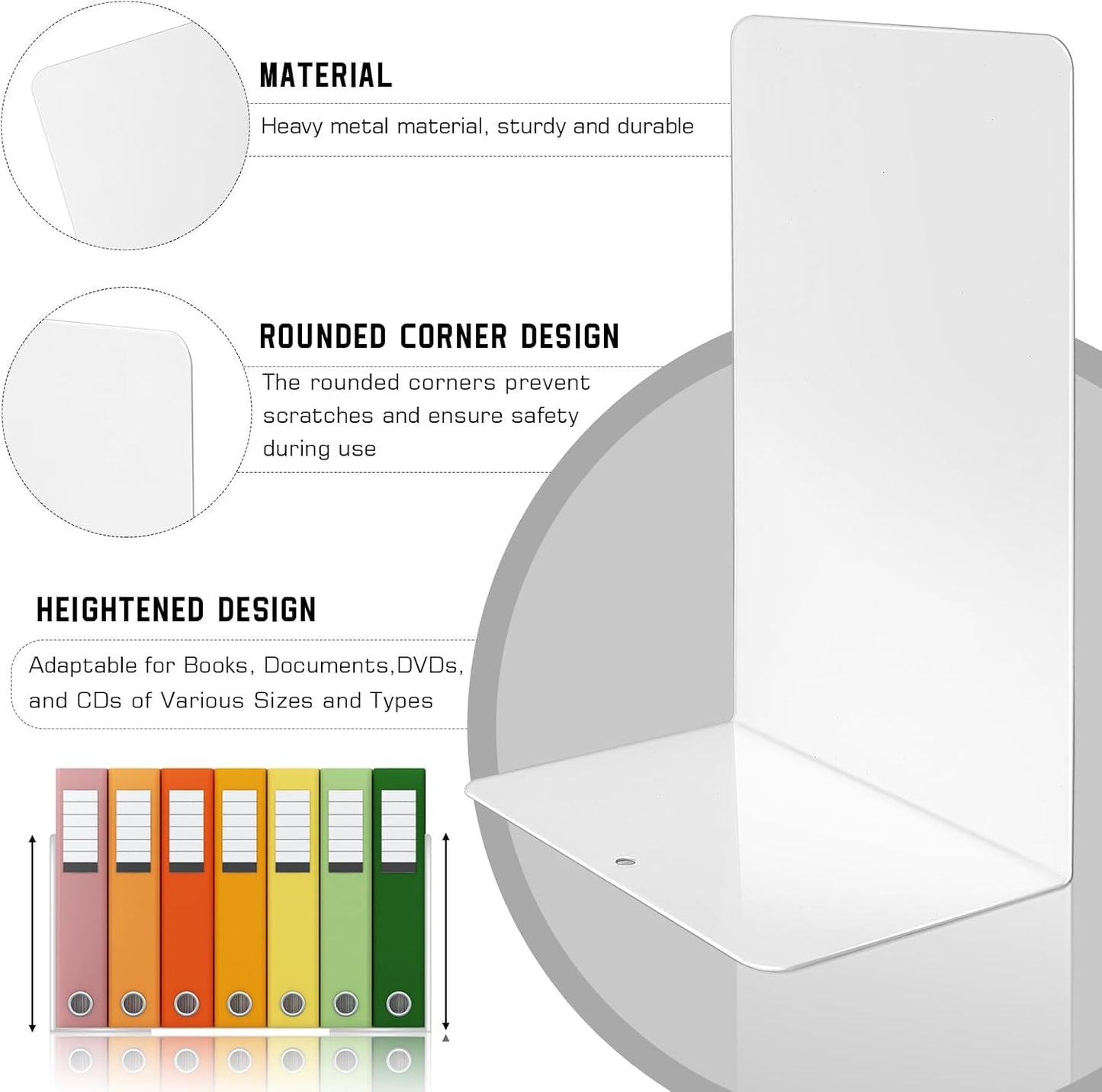 VONDERSO Metal Bookends White, 2 Pairs Metal Bookends Heavy Duty for Shelves Decor Home Office, Unique White Book Ends Supports Anti-Slip for Kids Girls