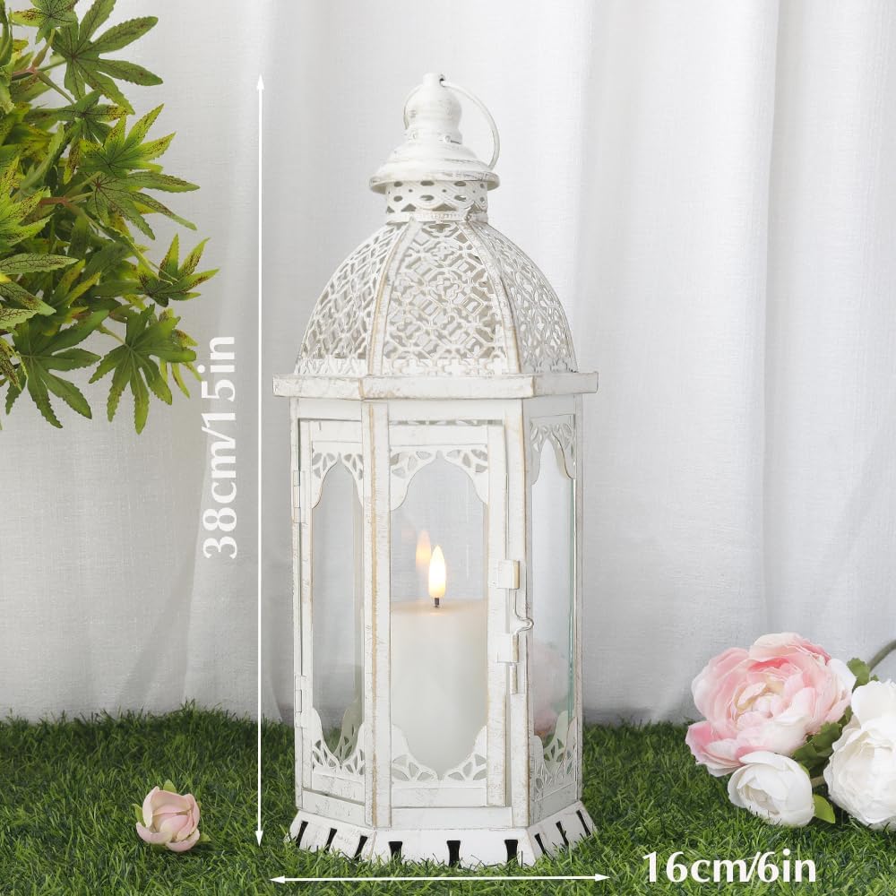 JHY DESIGN Decorative Candle Lantern 15''H Vintage Metal Candle Holder for Garden Living Room Indoor Outdoor Parties Weddings Patio(White with Gold Brush)