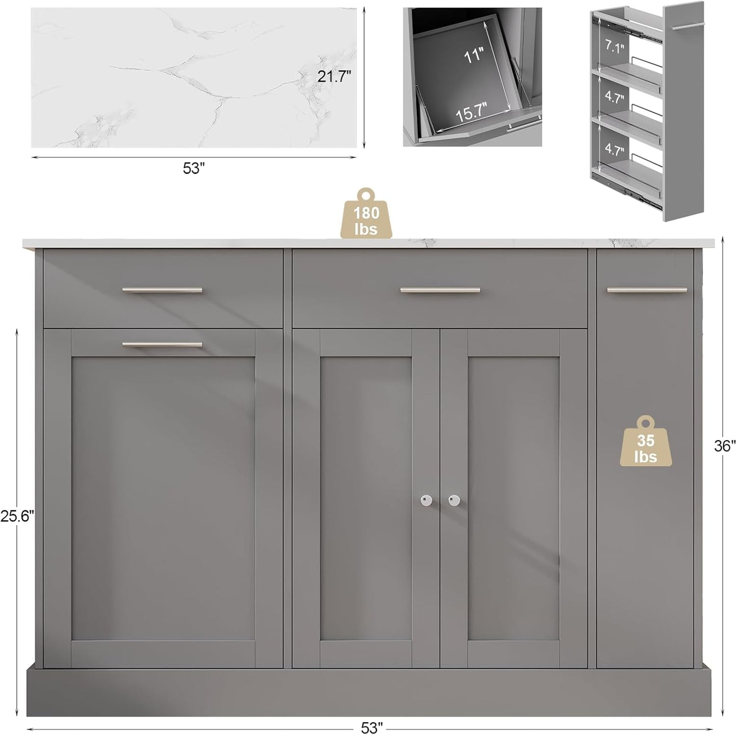 4 EVER WINNER Kitchen Island with Trash Can Storage, Kitchen Islands on Wheels with Marble Countertop, Portable Island Cart for Kitchen, Gray