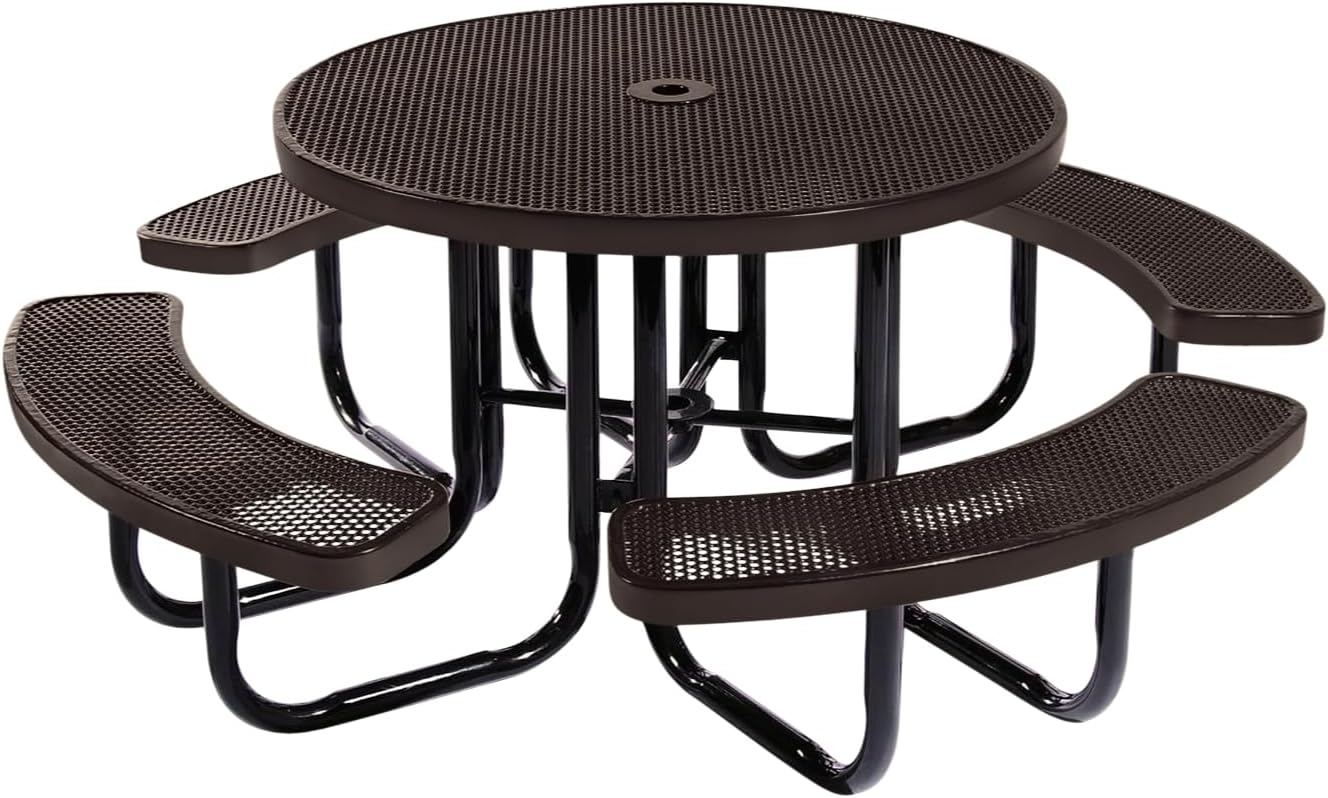 Heavy-Duty Portable Outdoor Picnic Table with Umbrella Hole, Punched Steel Commercial-Grade Patio Dining Furniture Made in America (46" Round Top, Brown)