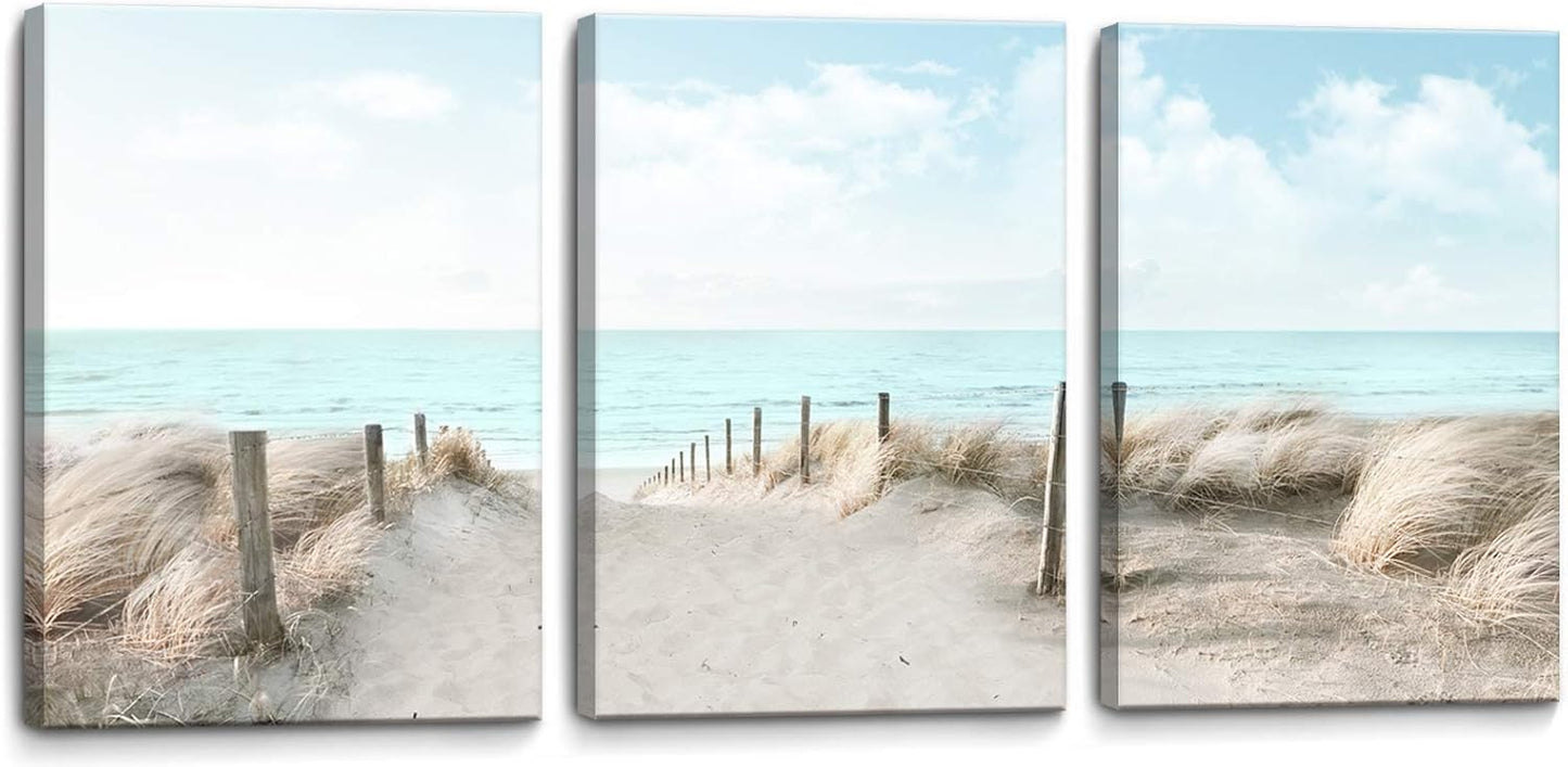 3 Piece Large Canvas Bedroom Wall Art Beach Blue Sea Blue Sky Print Picture Framed Wall Decor for Living Room Bathroom Modern Home Decor Artwork Ready to Hang Coastal Wall Decorations Size 16x24x3