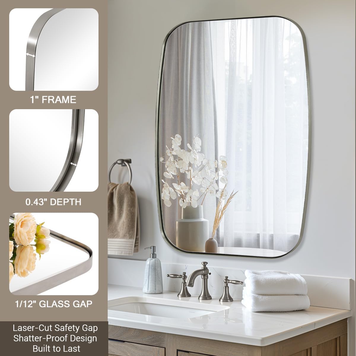 ANDY STAR Brushed Nickel Bathroom Mirror, 30x40” Oblong Mirror with Stainless Steel Metal Frame, Silver Oval Vanity Mirror for Over Sink, Modern Anti Rust Wall Mounted