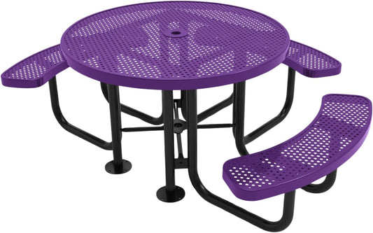 Heavy-Duty Portable Outdoor Picnic Table with Umbrella Hole, Punched Steel Patio Dining Furniture Made in America (46" Round Top, Purple)