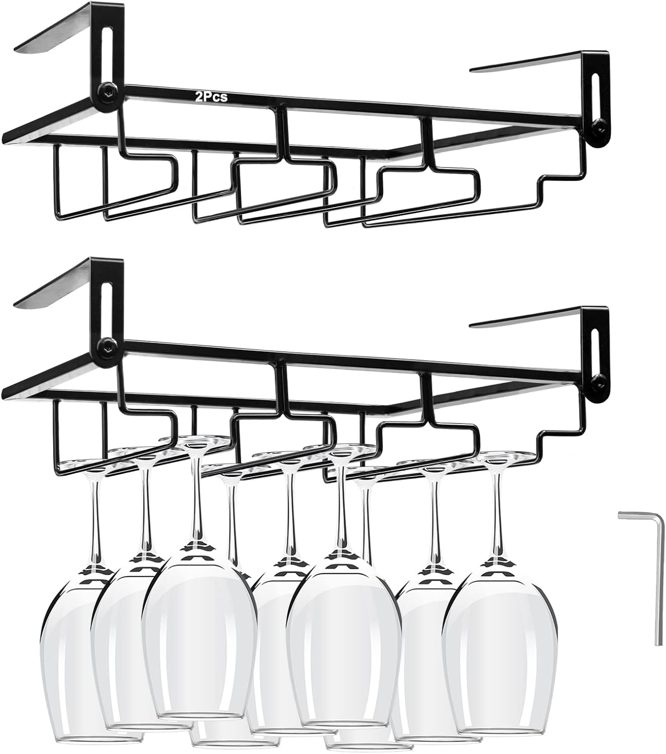 AUHOKY 2Pcs Adjustable Wine Glass Rack Under Cabinet, Punch-Free 3 Rows Stemware Metal Holder, Hanging Glass Storage Hanger Organizer for Shelf Kitchen Bar Decor (3 Rows, Black)