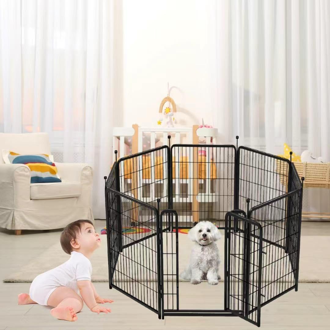 12 Panels Tall Garden Fence Animal Barrie, 48 in(H) X26.6 Ft(L) Wide Door Low Threshold Dog Fence, Black Pet Fence Outdoor, Garden Fence with Gate, Dog Fences Outdoor for Yard