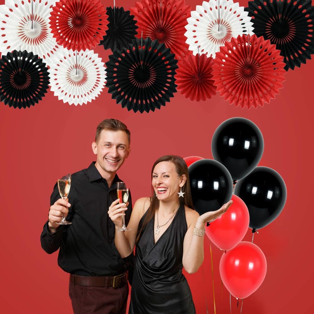 BEISHIDA Red Black White Hanging Honeycomb Round Paper Fans Decoration Tissue Paper Fan Garland for Birthday Christmas Wedding Party Supplies（11packs）